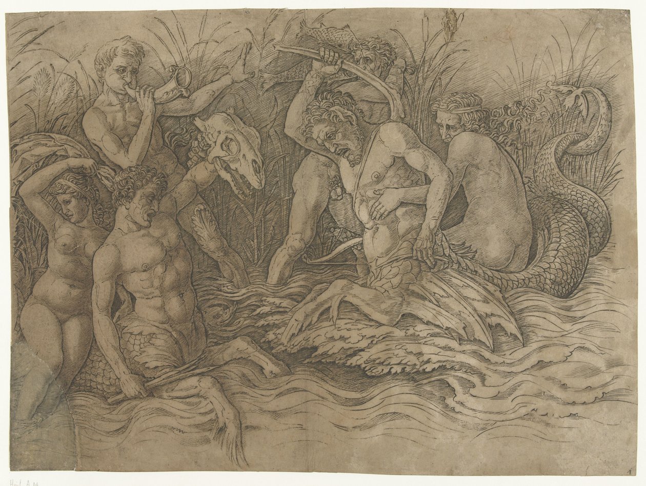Kamp mellem tritoner med nereider på ryggen Battle of Sea Gods af Andrea Mantegna