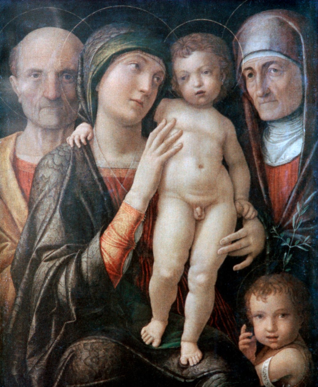 Hellig familie med Sankt Elizabeth og Sankt Johannes Døberen som et barn, c1495-1500 af Andrea Mantegna