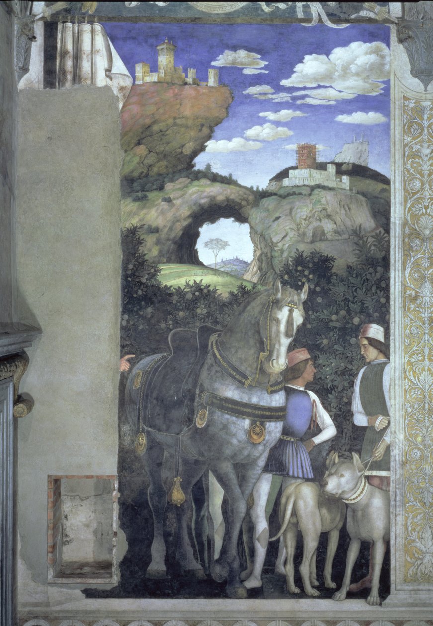 Hest og groom med jagthunde, fra Camera degli Sposi eller Camera Picta, 1465-74, fresko detalje af 78449 af Andrea Mantegna