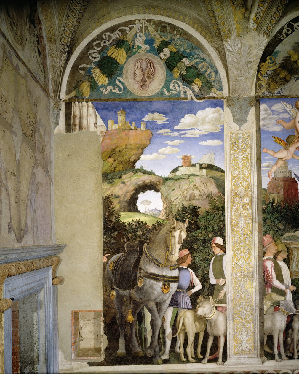 Hest og brudgom med jagthunde, fra Camera degli Sposi eller Camera Picta, 1465-74 (detalje af 78449) af Andrea Mantegna