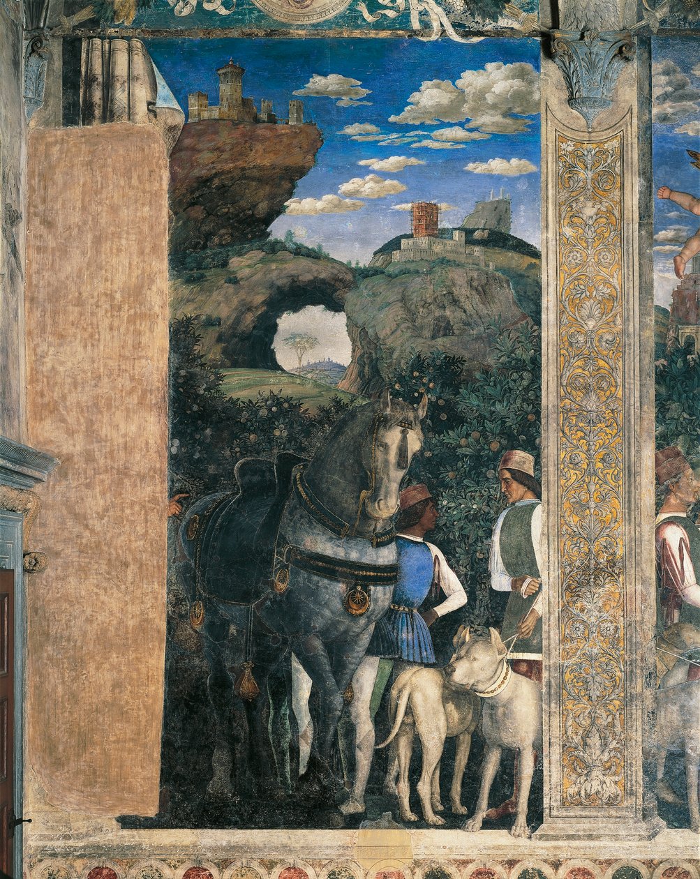 Hest, mastiffer og grooms af grev Ludovico Gonzaga, detaljer fra mødevæggen, af Andrea Mantegna (1431-1606), Fresco, San Giorgio Castle, bryllupskammer eller kamera Picta, Mantua, 1465-1474 af Andrea Mantegna
