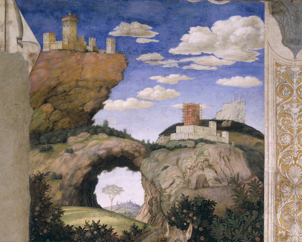 Landskab med et slot, fra Camera degli Sposi eller Camera Picta, 1465-74 (fresco) af Andrea Mantegna