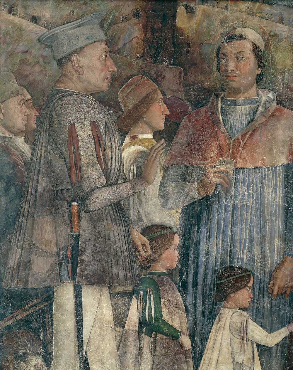 Louis II, kardinal Francesco, Francesco II og Sigismondo Gonzaga, detalje fra mødemuren af Andrea Mantegna