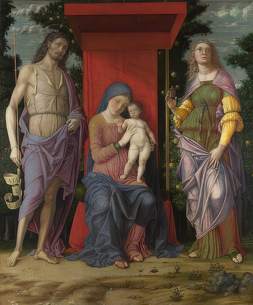 Madonna og barn, Johannes Døberen og Maria Magdalene. Sandsynligvis 1490-1505 af Andrea Mantegna