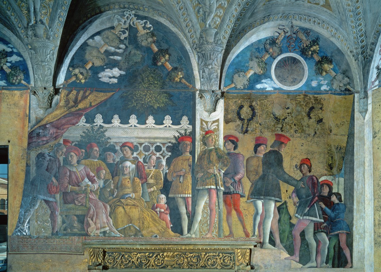 Marchese Ludovico Gonzaga III, hans kone Barbara af Brandenburg, deres børn, hoffolk og deres hund Rubino, fra Camera degli Sposi eller Camera Picta, 1465-74 af Andrea Mantegna