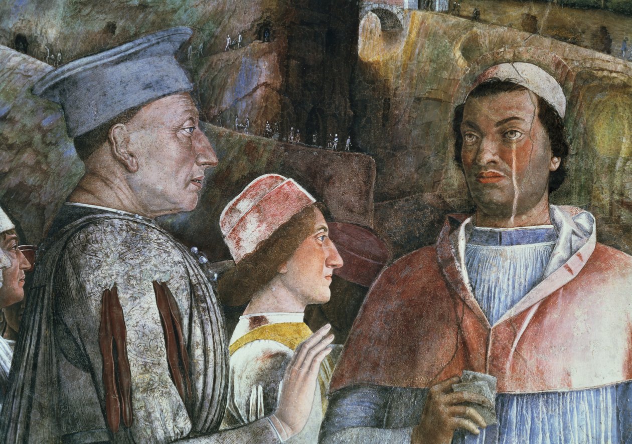 Marquis Ludovico Gonzaga III af Mantua regerede 1444-78 og hilste sin søn, kardinal Francesco Gonzaga, fra Camera degli Sposi eller Camera Picta, 1465-74 freskodetalje af 78449 af Andrea Mantegna