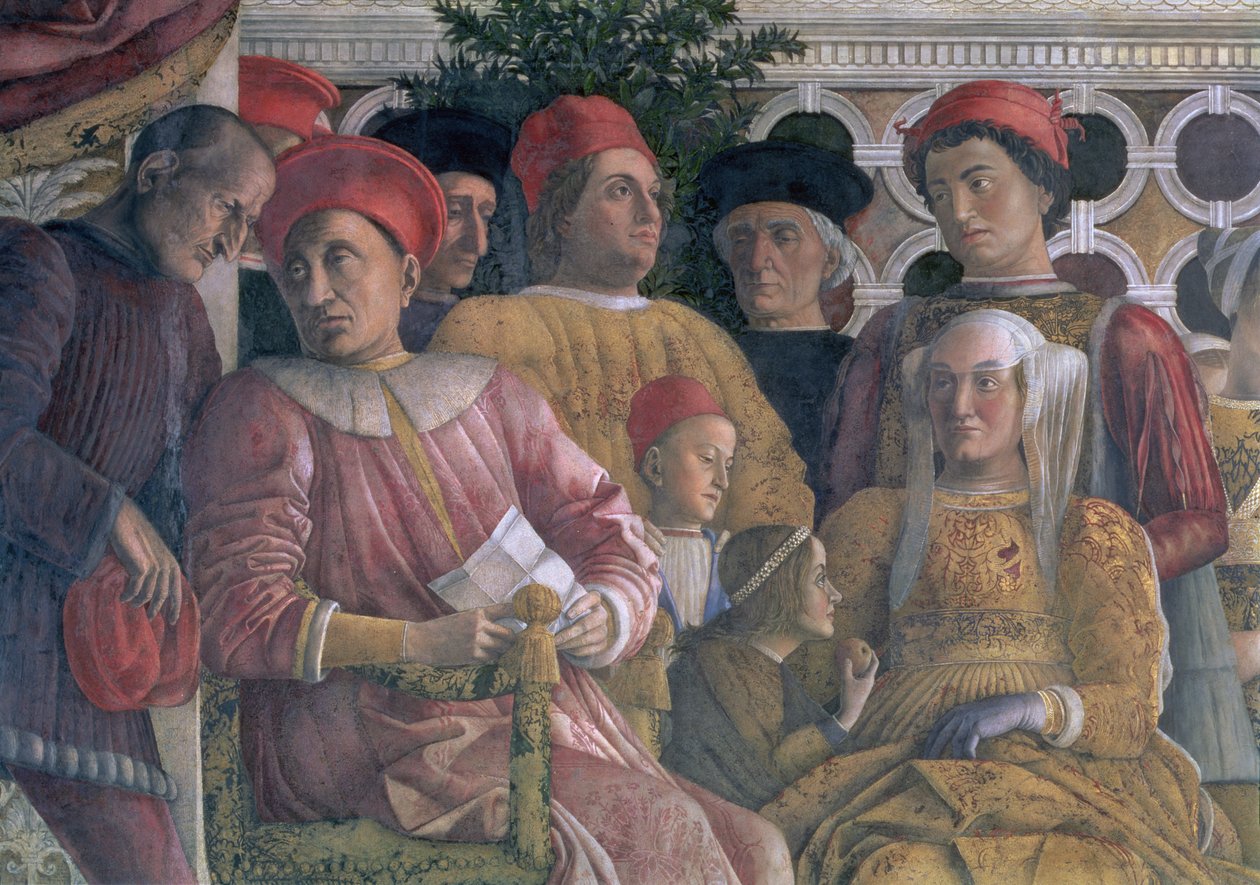 Marchese Ludovico Gonzaga III af Mantua regerede 1444-78, hans kone Barbara af Brandenburg, børn og hoffolk, fra Camera degli Sposi eller Camera Picta, 1465-74 freskodetalje af 78449 af Andrea Mantegna