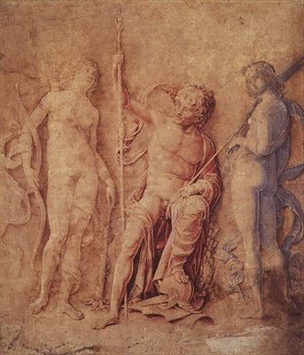 Mars, Diana og Iris (?) 1446-1506 (pen og brunt blæk, med brun, rød og blå vask, forhøjet med hvid, på papir misfarvet brun) af Andrea Mantegna