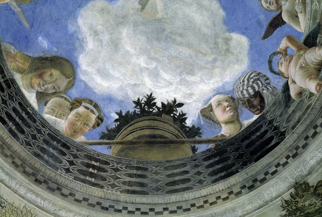 Occulus af loftet i House of Spouses, Ducal Palace of Mantua, Italien (Camera degli Sposi, Palazzo Ducale, Mantova): detalje af allegoriske figurer og putti. Fresco af Andrea Mantegna (1431-1506) af Andrea Mantegna