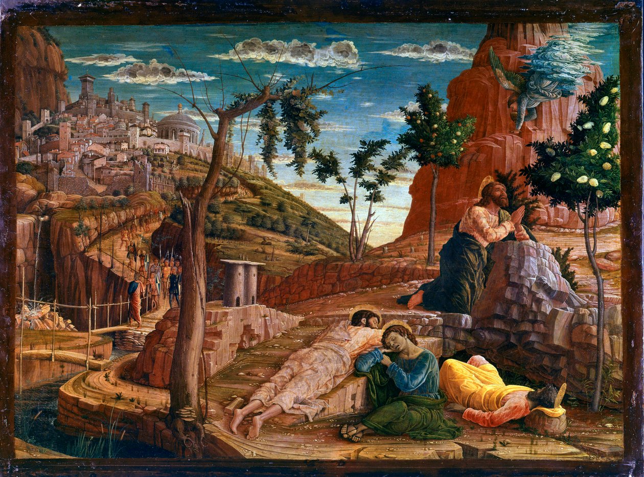 Bøn i Oliehaven Efter den sidste nadver går Kristus til Getsemani-højen, som dominerer Jerusalem med apostlene. Romerske soldater nærmer sig for at stoppe ham. Altertavle af San Zeno de Verona. Maleri (tempera) på træ af Andrea Man af Andrea Mantegna