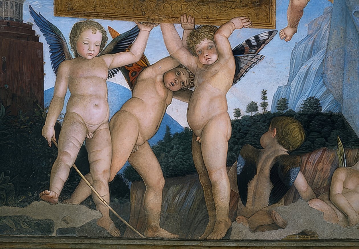 Putti med sommerfuglevinger med en dedikationsplade (detalje). 1465-74 af Andrea Mantegna