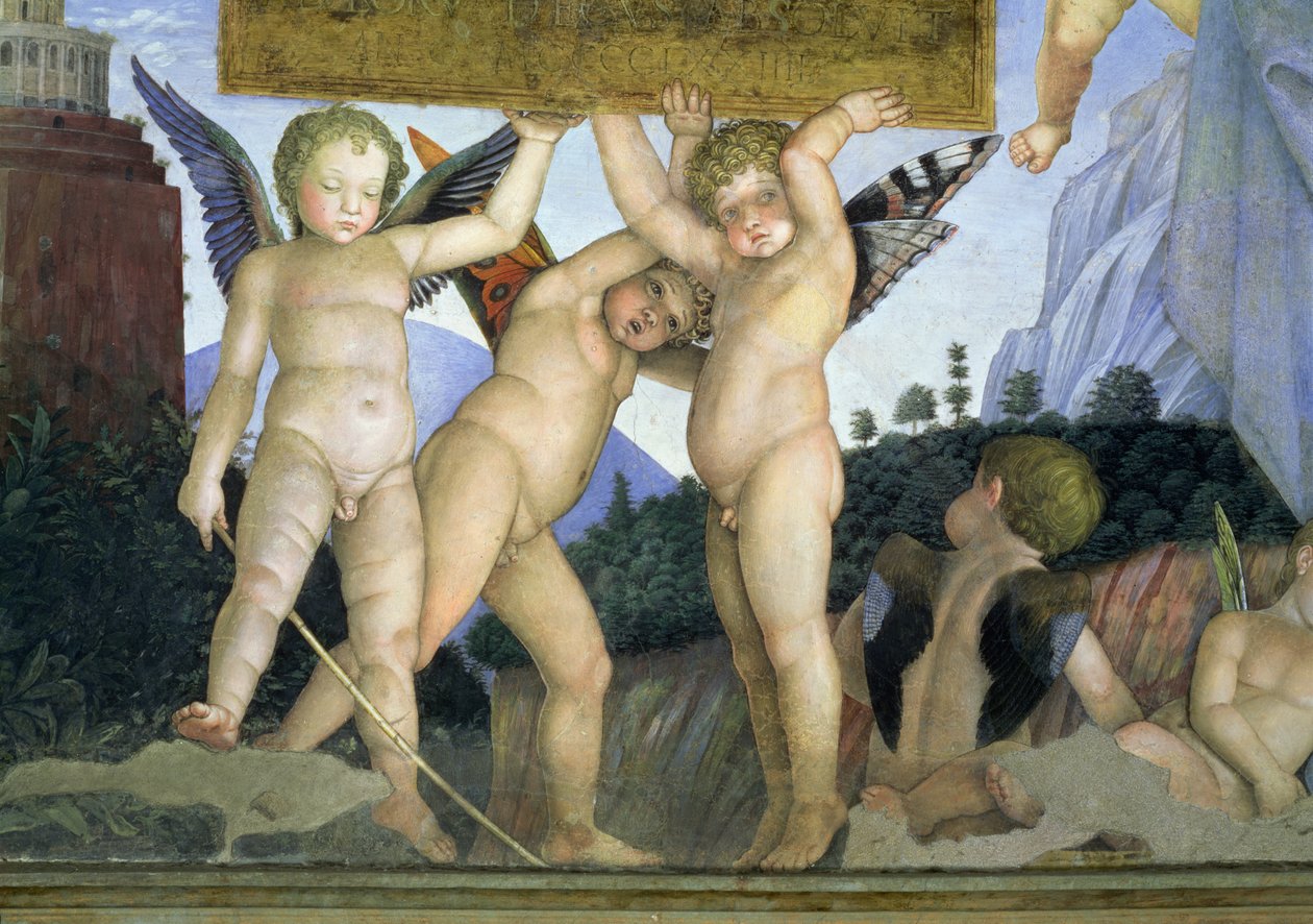 Putti med sommerfuglevinger, der understøtter dedikationspladen, fra Camera degli Sposi eller Camera Picta, 1465-74 freskodetalje af 78449 af Andrea Mantegna