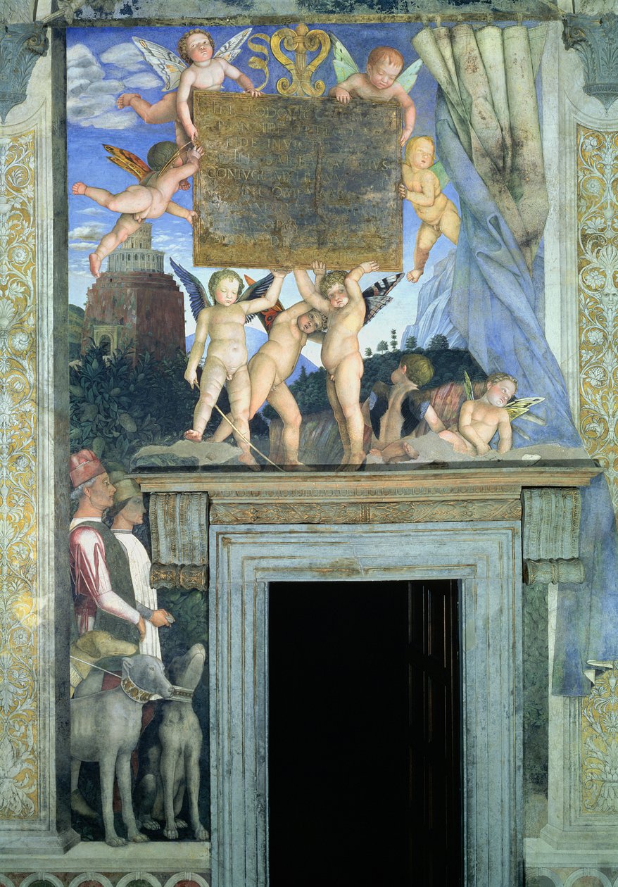 Putti med sommerfuglevinger, der bærer indvielsestavlen med jagthunde og deres førere nedenunder, fra Camera degli Sposi eller Camera Picta, 1465-74, fresko detalje af 78449 af Andrea Mantegna