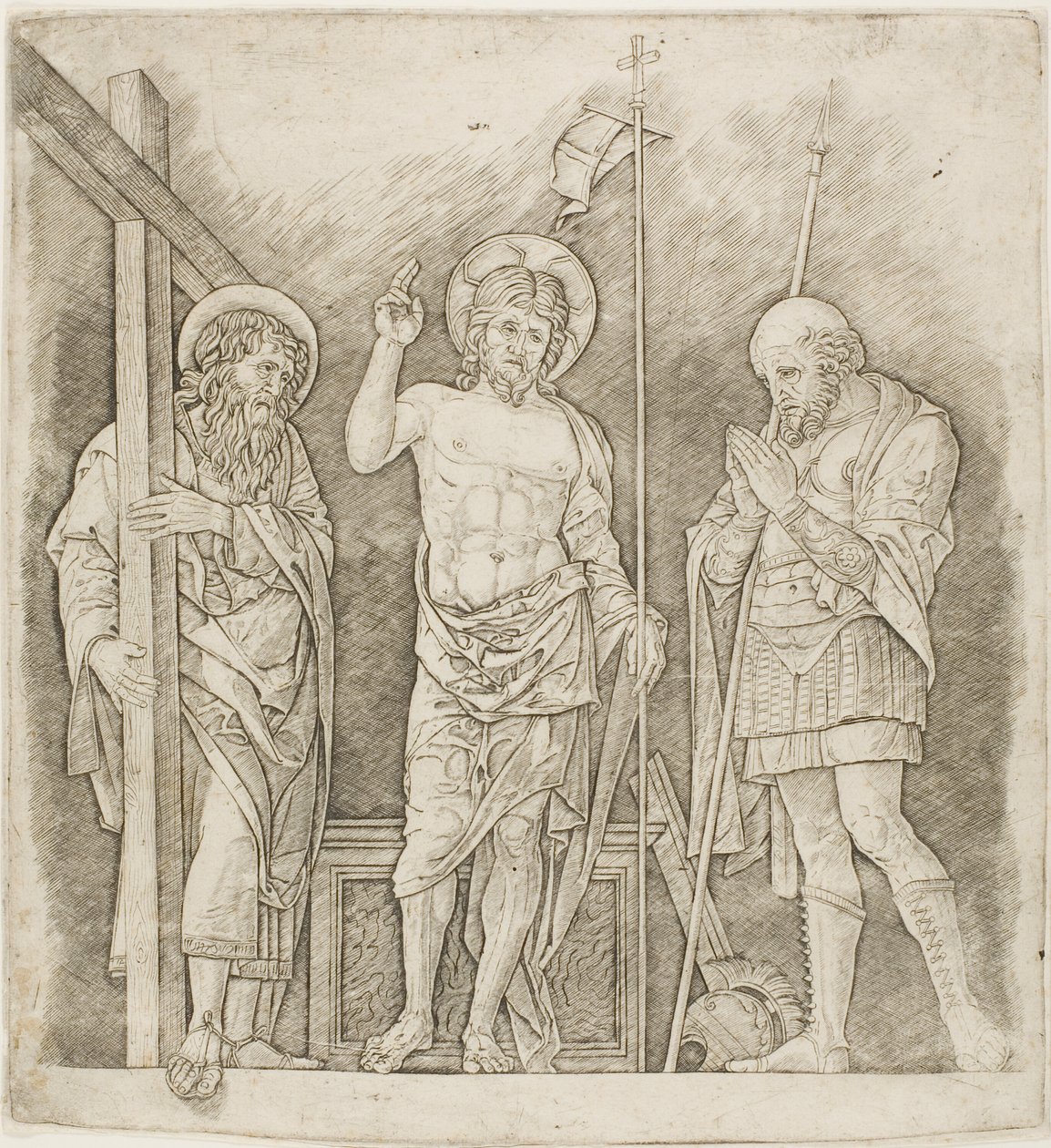 Opstanden Kristus mellem de hellige Andreas og Longinus af Andrea Mantegna
