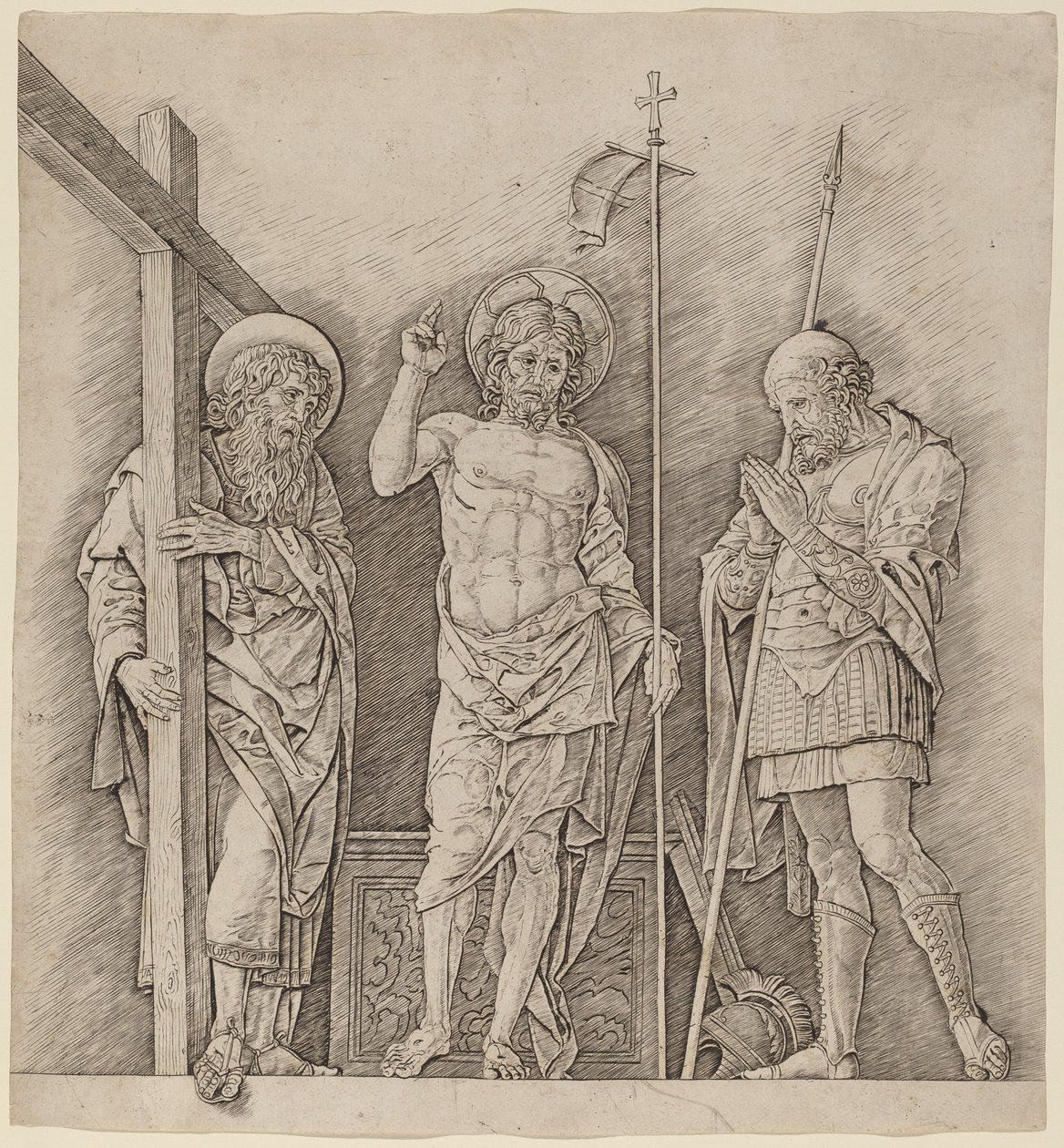 Den opstandne Kristus mellem de hellige Andreas og Longinus af Andrea Mantegna