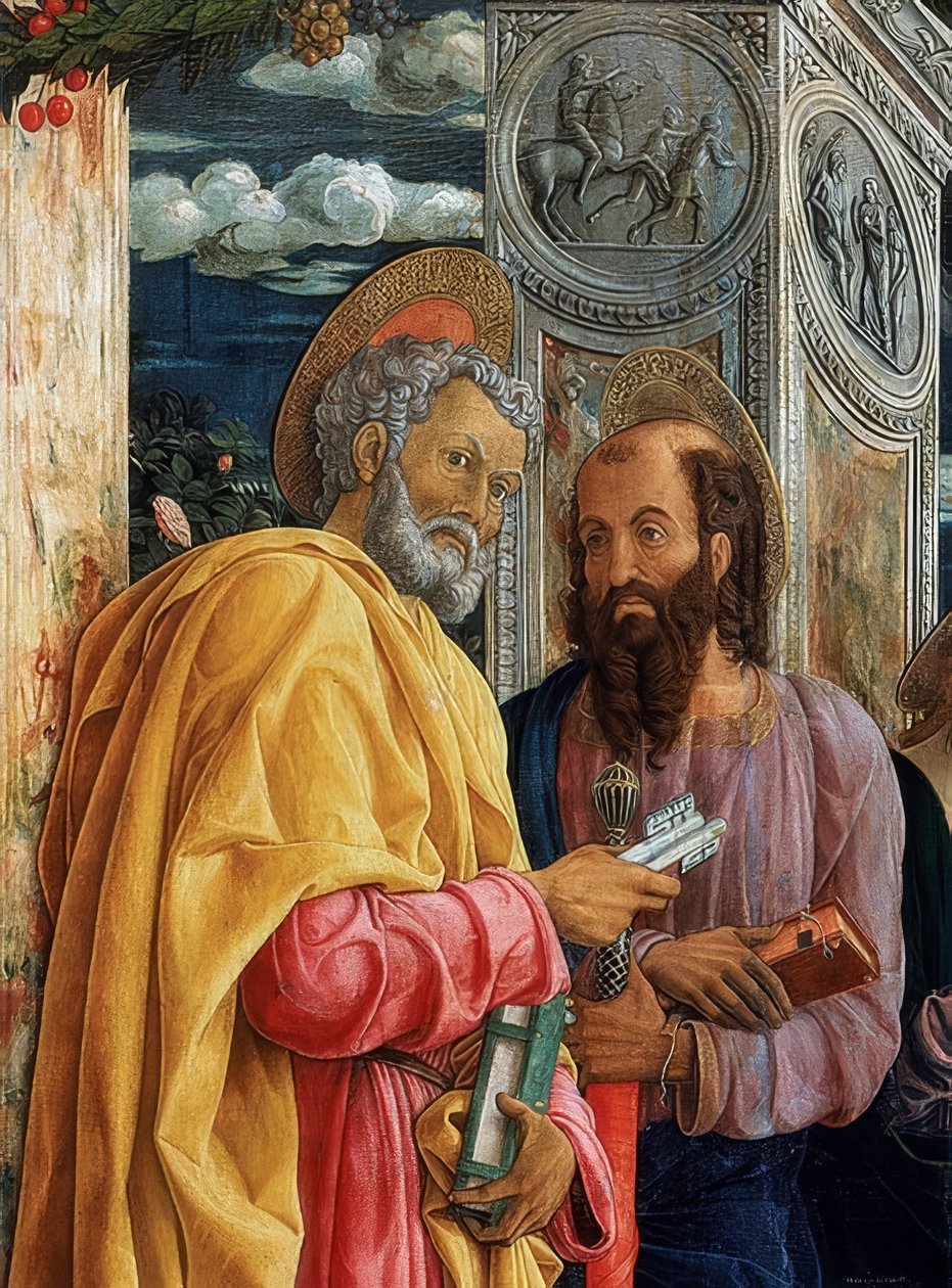 San Zeno-alteret. Detalje af venstre side. 1457-1460. På billedet er Simon Peter og Paulus af Tarsus af Andrea Mantegna