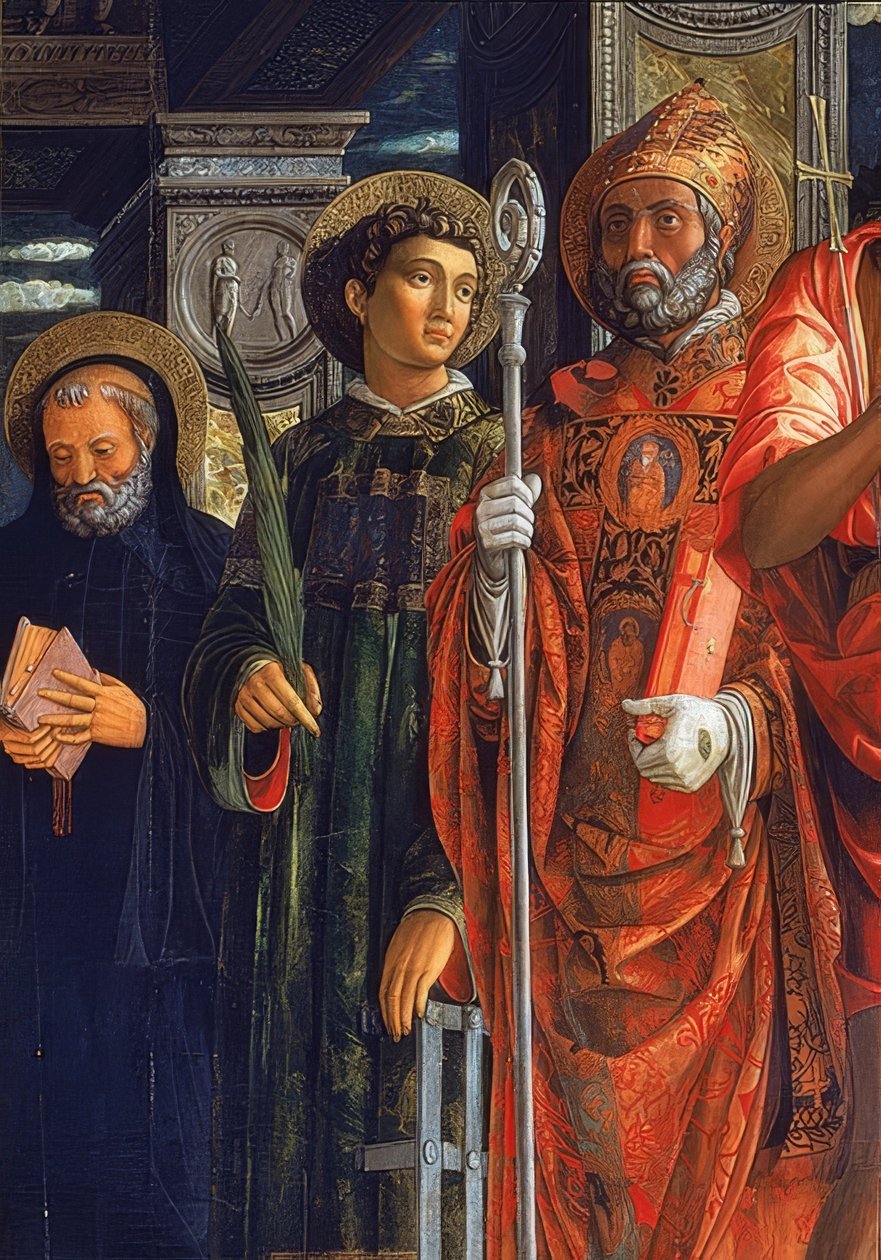 San Zeno-alteret. Detalje af højre side. 1457-1460. Detaljen viser Augustin af Hippo, Lawrence af Rom og Benedikt af Nursia af Andrea Mantegna