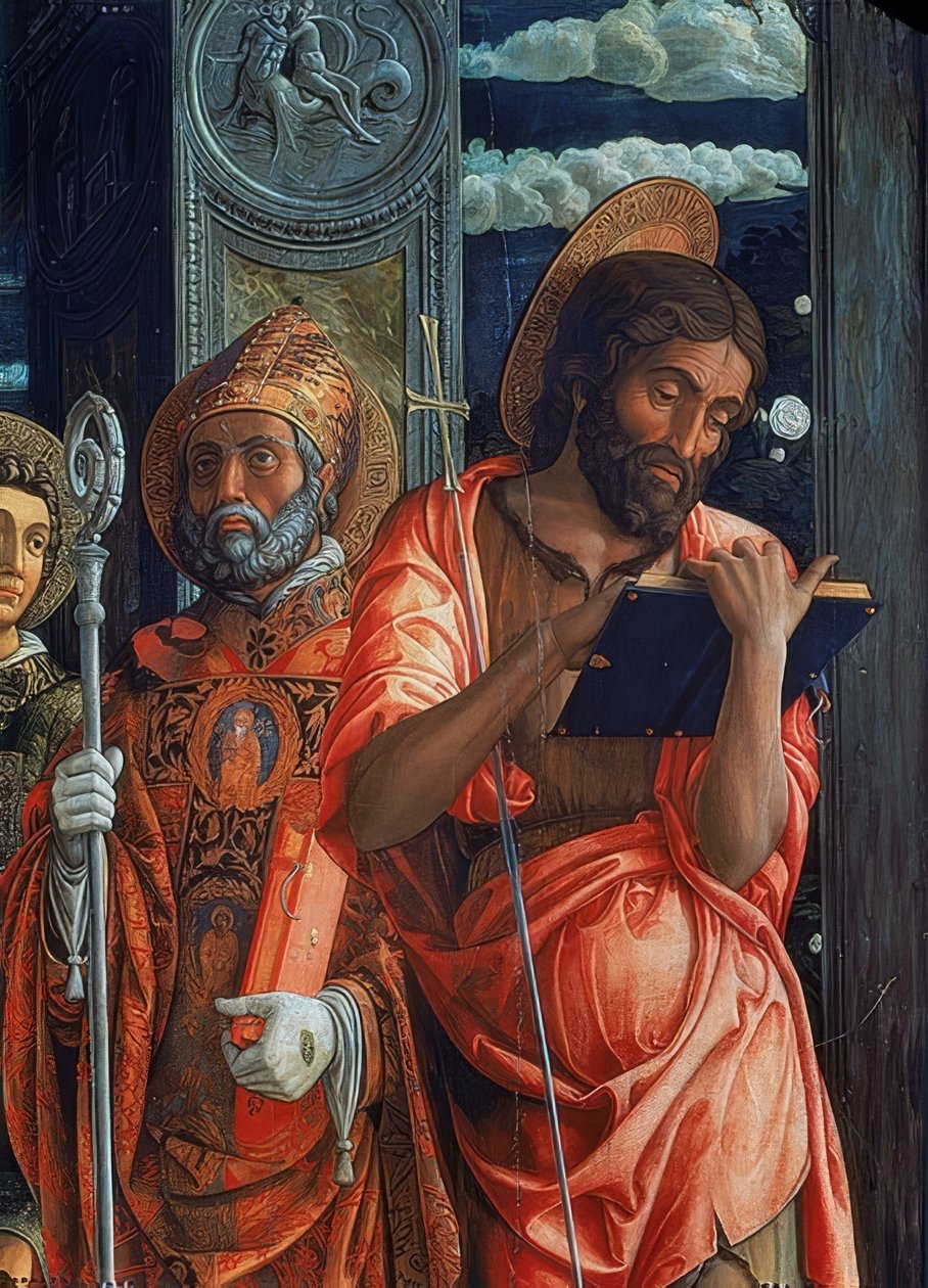 San Zeno-alteret. Detalje af højre side. 1457-1460. Detaljen viser Johannes Døberen og Augustin fra Hippo af Andrea Mantegna