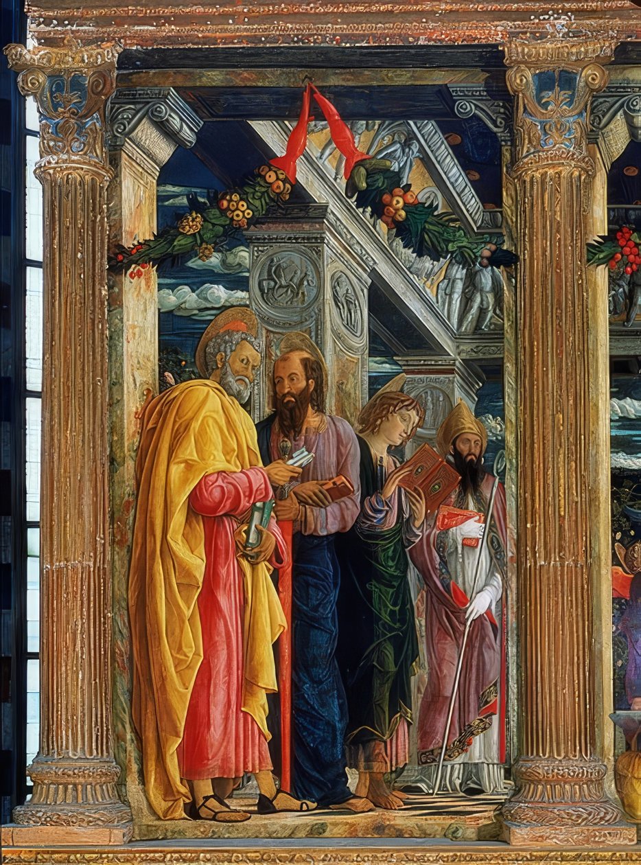 San Zeno-alteret. Venstre side. 1457-1460. På billedet ses Simon Petrus, Paulus af Tarsus, Johannes evangelisten og Zenon af Verona af Andrea Mantegna