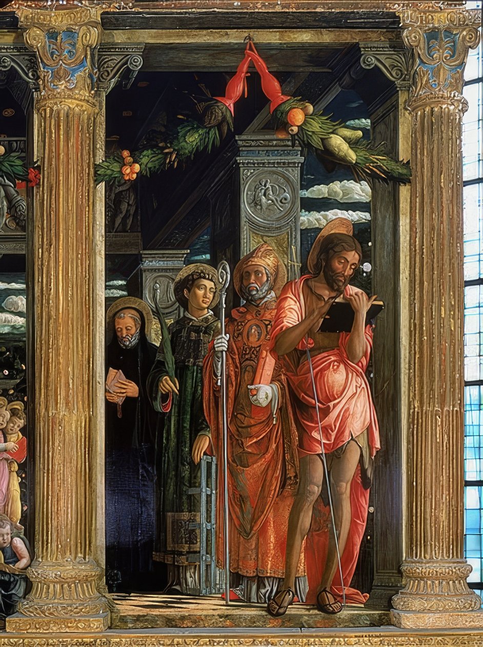 San Zeno-alteret. Højre side. 1457-1460. Detaljen viser Johannes Døberen, Lawrence af Rom, Augustin af Hippo og Benedikt af Nursia af Andrea Mantegna