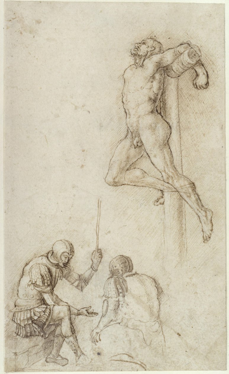 Røvere på korset, nedenunder to soldater, der spiller terninger af Andrea Mantegna