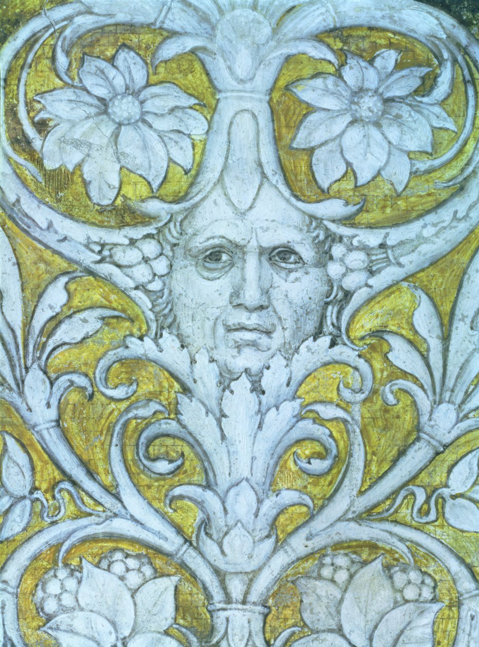 Selvportræt indarbejdet i den dekorative frise af Camera degli Sposi eller Camera Picta, 1465-74 freskodetalje af 78449 af Andrea Mantegna