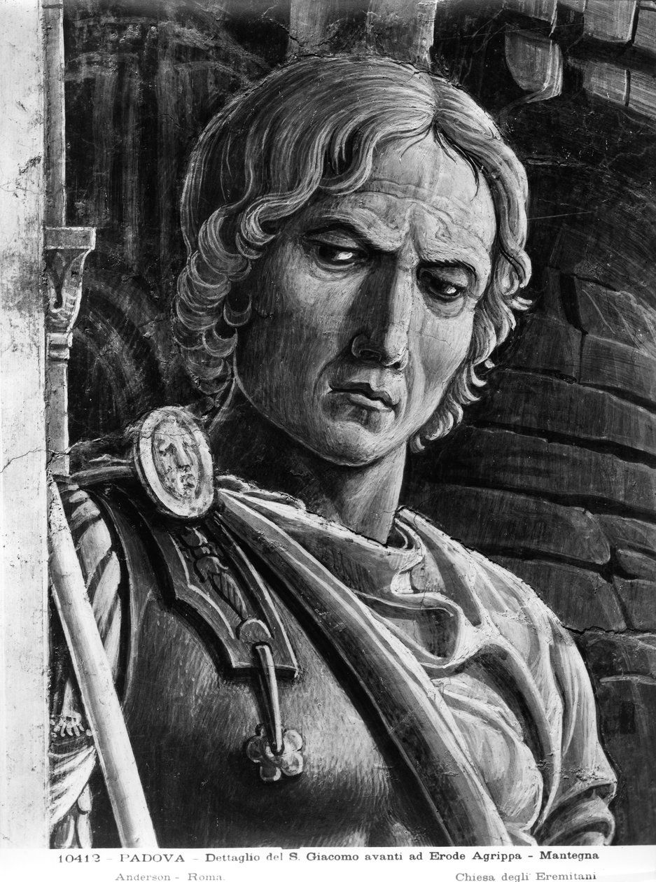 St. Jakob den Store førte kong Herodes Agrippa, detalje af en soldat (fresko) (s/h foto) af Andrea Mantegna