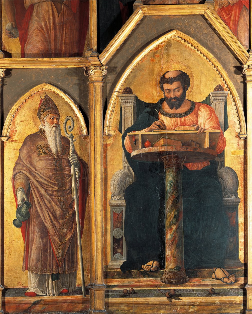Sankt Lukas ved sit skrivebord og Sankt Prosdocimus, detalje fra Sankt Lukas altertavle af Andrea Mantegna (1431-1506), tempera på træ af Andrea Mantegna