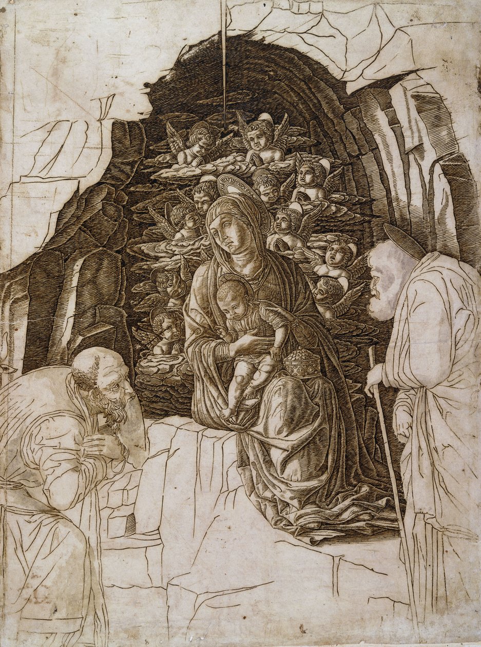 Magiernes tilbedelse: Jomfruen i grotten, ca. 1475-80 af Andrea Mantegna