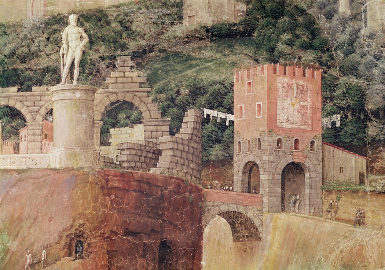 Kardinal Francesco Gonzagas ankomst, detalje af baggrunden med et idealiseret billede af Rom, ca. 1465-74 (detalje af 78457, 78449) af Andrea Mantegna