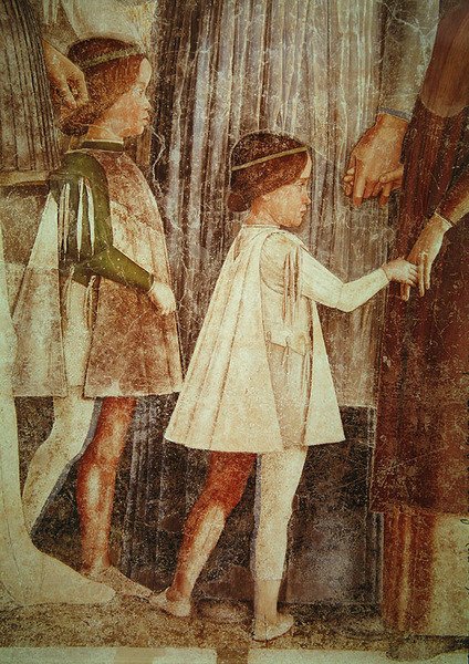 Ankomsten af kardinal Francesco Gonzaga, mødt af sin far Marchese Ludovico Gonzaga III og hans brødre, detalje af Gonzague-børnene, ca. 1465-74 (detalje af 78454) af Andrea Mantegna