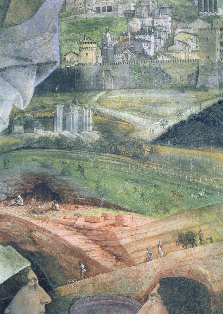 Kardinal Francesco Gonzagas ankomst; marmorbrud og en idealiseret udsigt over Rom, fra Camera degli Sposi eller Camera Picta, 1465-74 freskodetalje af 78449 af Andrea Mantegna