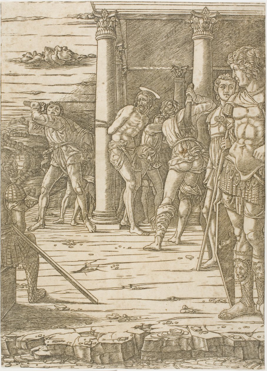 Kristi flagellering med den landskabelige baggrund af Andrea Mantegna