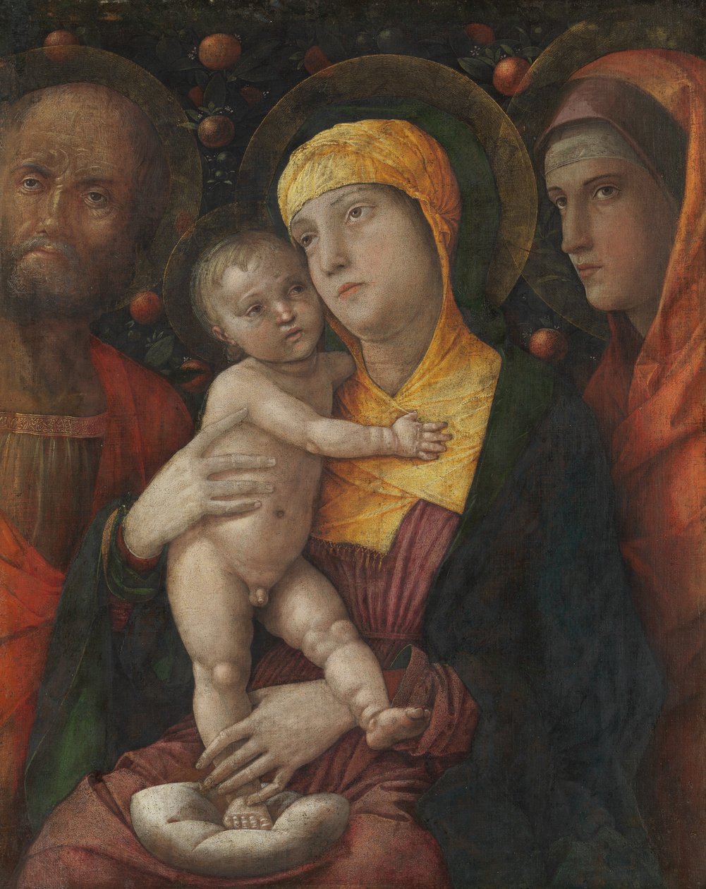 Den hellige familie med Sankt Maria Magdalena, ca. 1495-1500 (hundesyge på lærred) af Andrea Mantegna