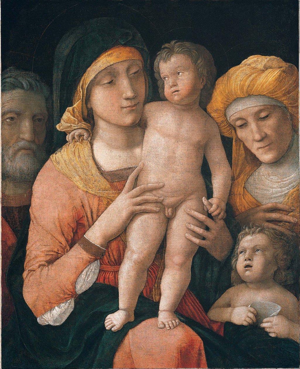 Madonna og barnet med de hellige Josef, Elizabeth og Johannes Døberen af Andrea Mantegna