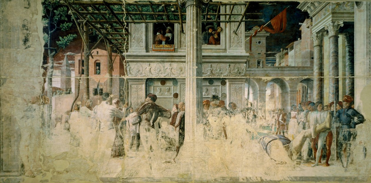 Martyrdøden og transporten af den afhuggede krop af Saint Christopher, c.1448-57 af Andrea Mantegna