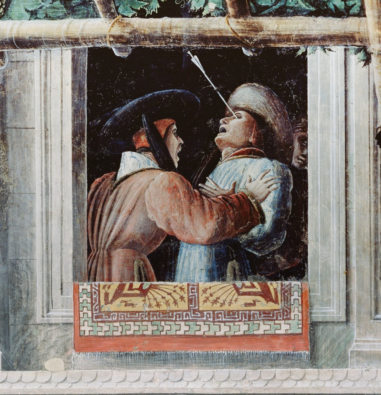 The Martyrdom of St. Christopher, detalje af en mand skudt gennem øjet med en pil, ca. 1450-56 af Andrea Mantegna