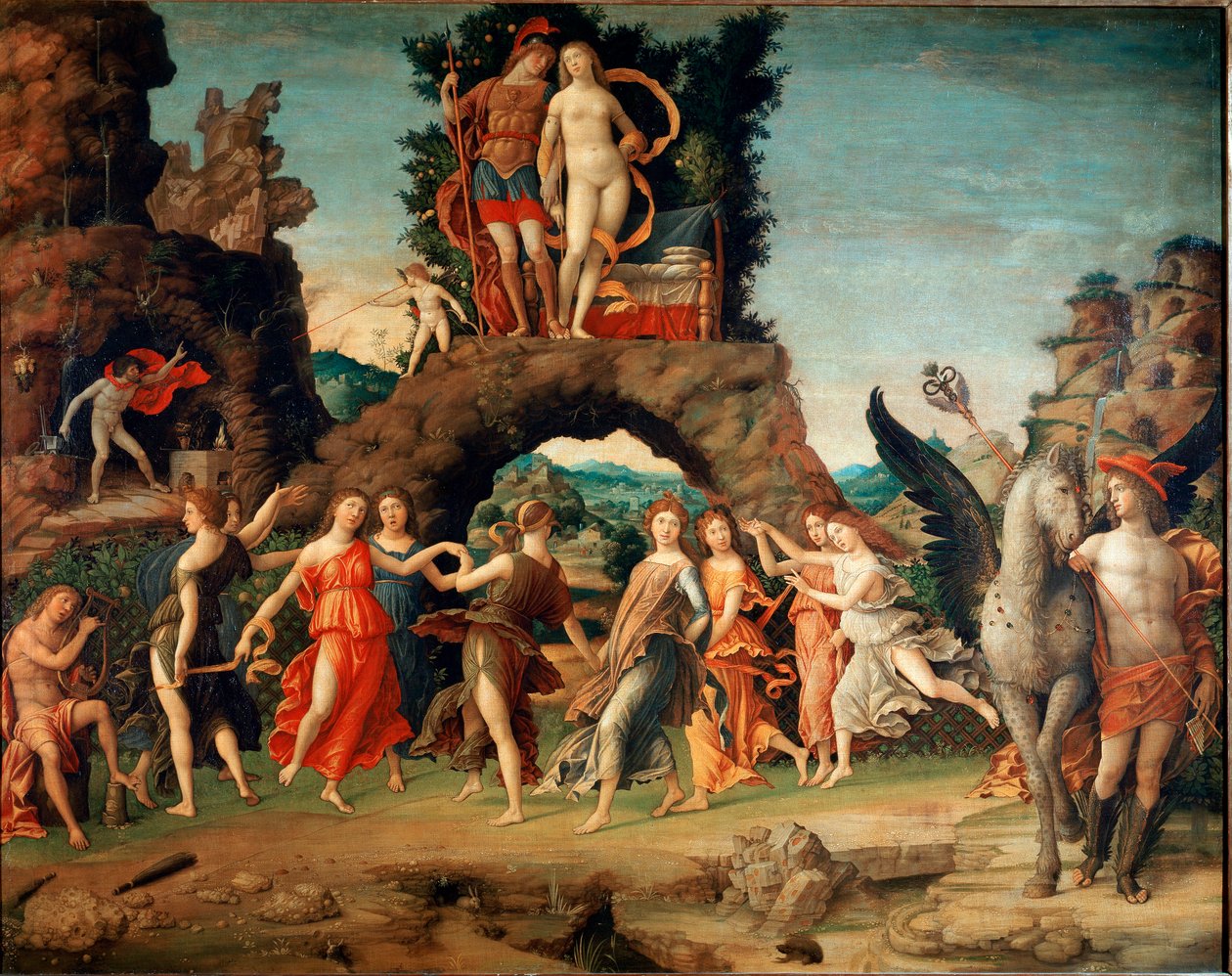 Parnass (Apollo og de ni muser) (tempera og guld på lærred af Andrea Mantegna