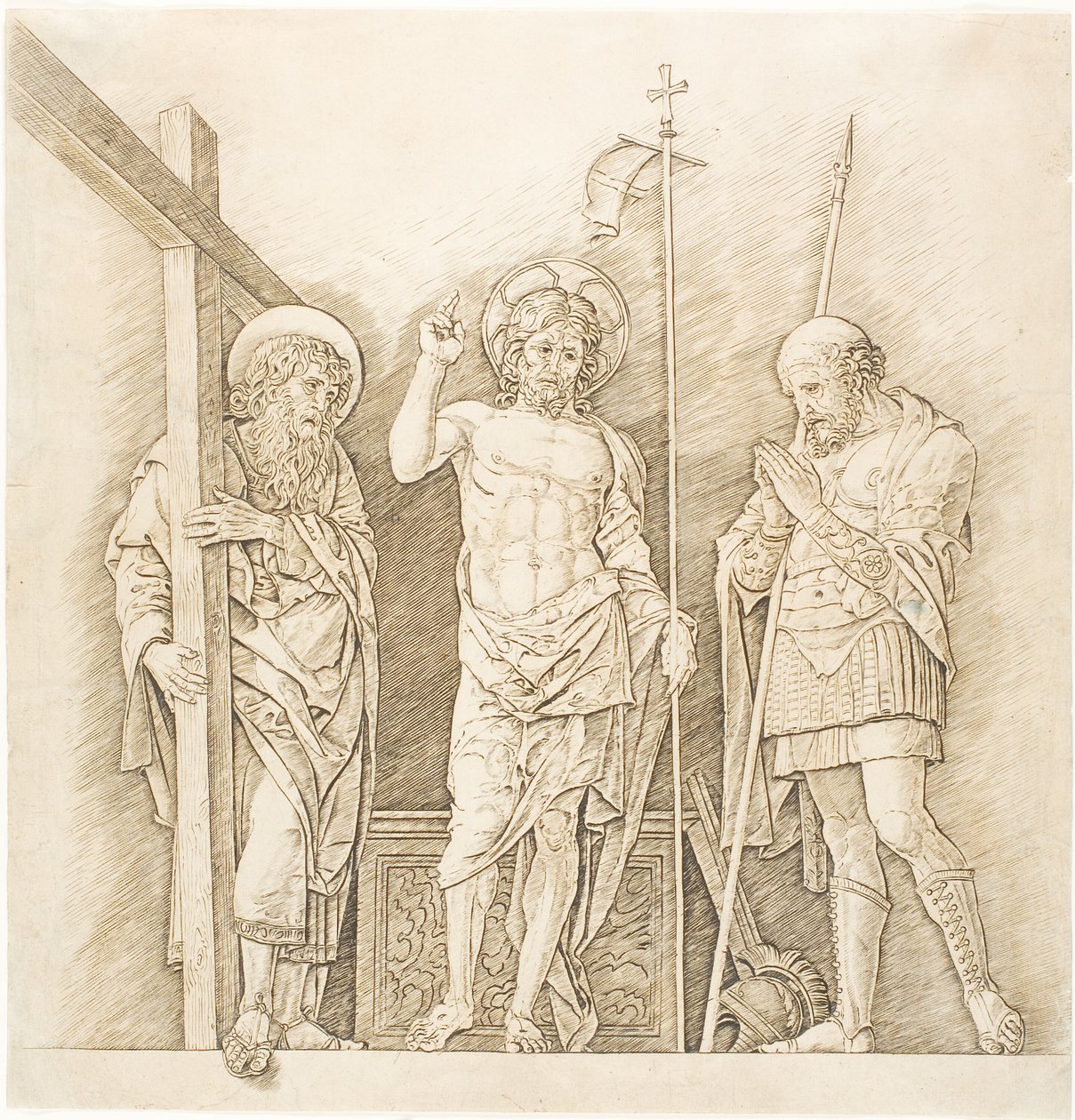 Den opstandne Kristus mellem de hellige Andreas og Longinus af Andrea Mantegna