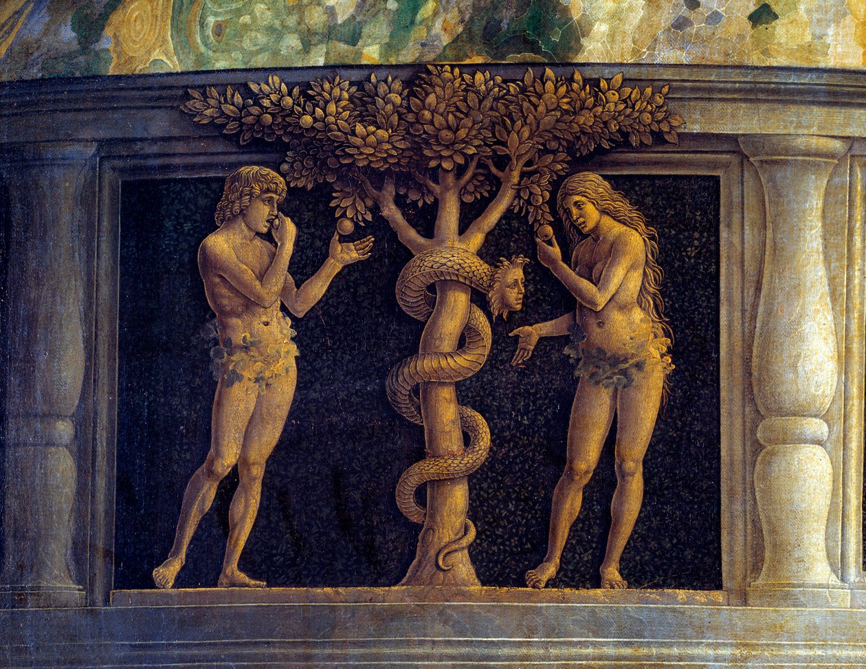 Jomfruen og barnet omgivet af seks hellige og tilbedt af markisen af Mantua, Francois II de Gonzaga (Francesco II Gonzaga) (1466-1519) kendt som Sejrens Jomfru"" (Pala della Vittoria) (Madonna della Vittoria)" Detalje, der repræsenterer temptaen af Andrea Mantegna