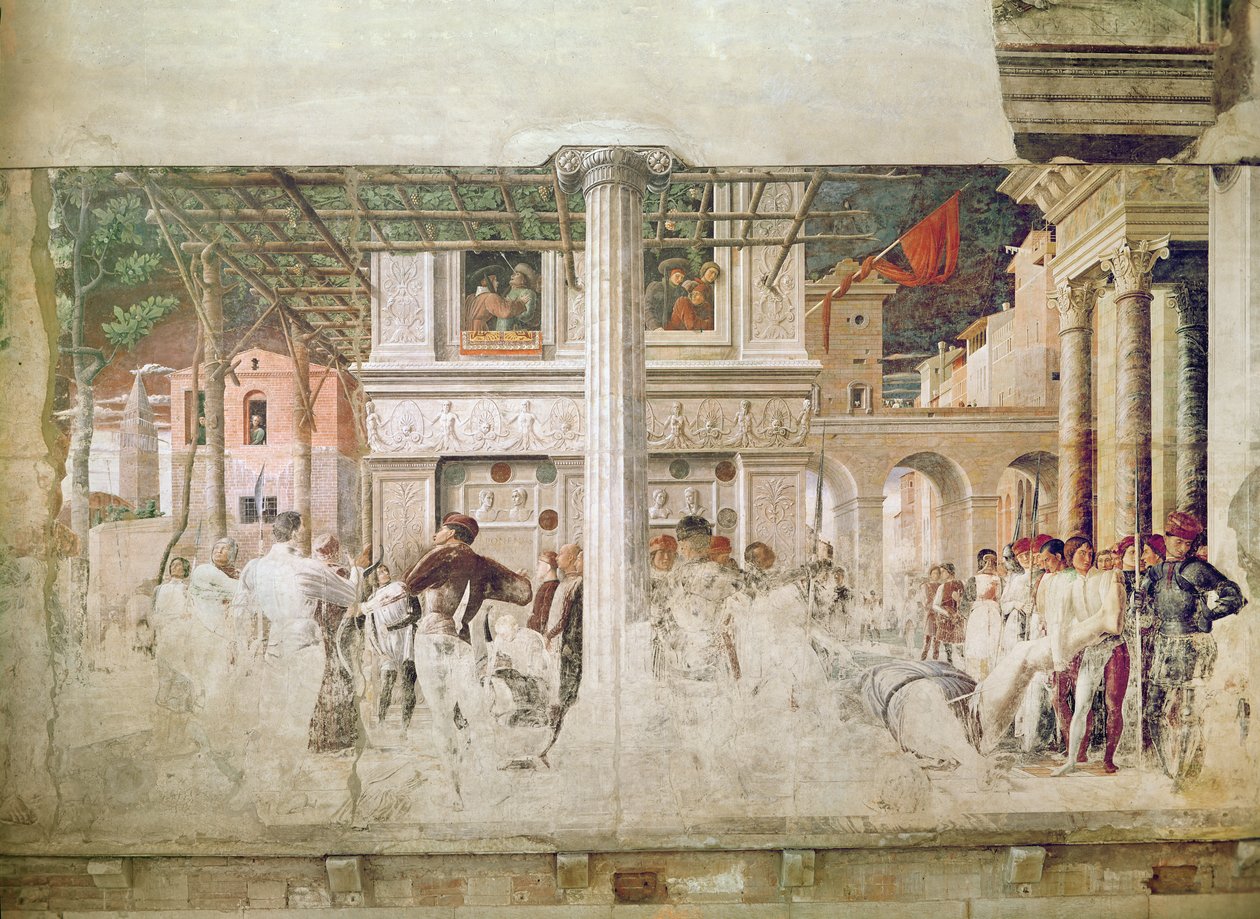 Sankt Christophers martyrdød og flytningen af hans krop (før genoprettelse), ca. 1450-56 af Andrea Mantegna
