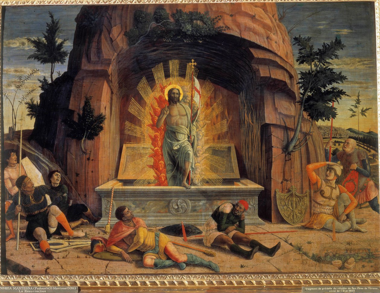 Opstandelsen Fragment af predelle af altertavlen i kirken San Zeno i Verona af Andrea Mantegna (1431-1506). 1457. Dim 0,71 x 0,94 m. Rundvisninger i kunstmuseet af Andrea Mantegna