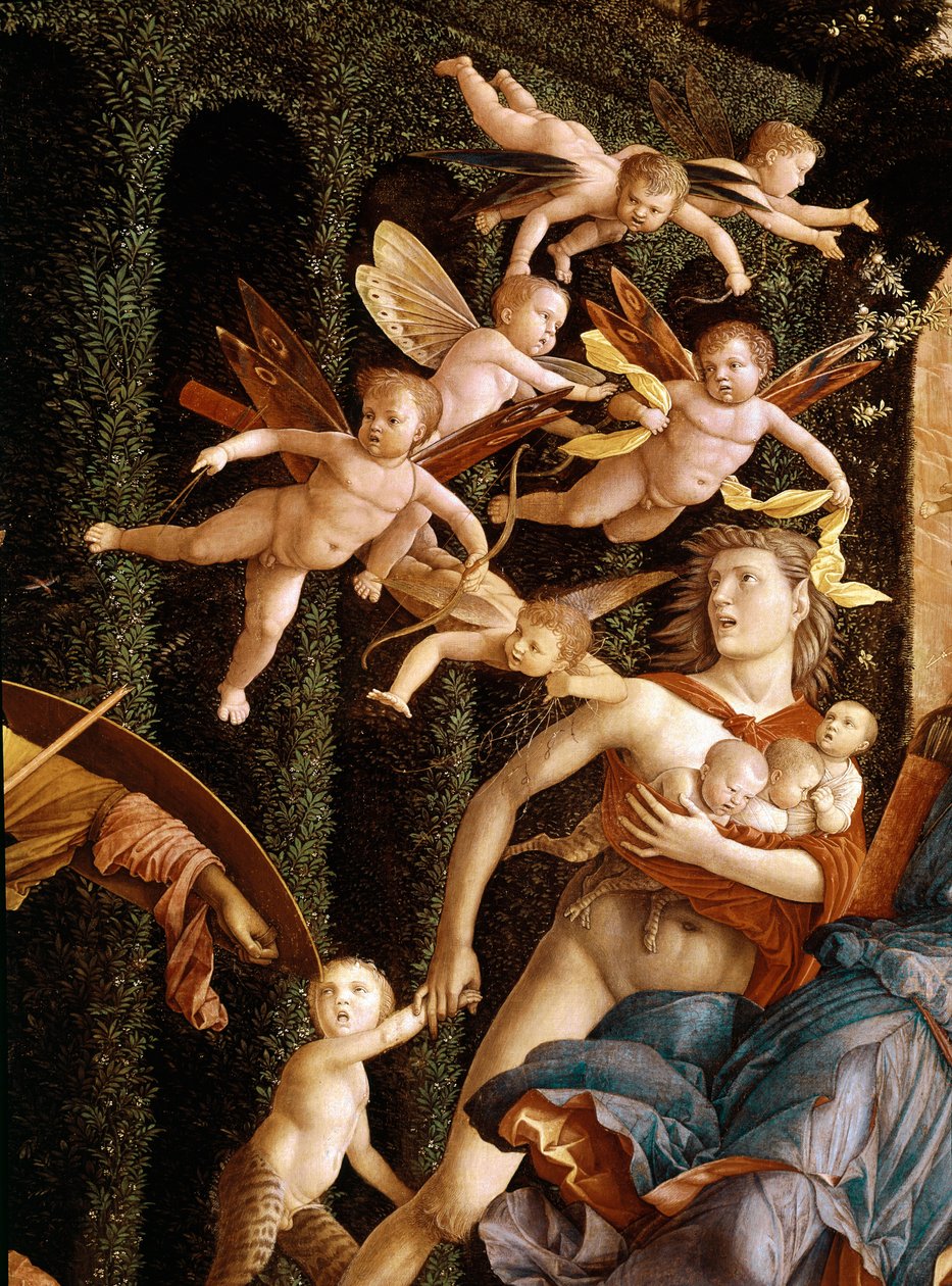 Dydernes triumf (Minerva uddriver lasterne fra dydens have), detaljer (olie på lærred af Andrea Mantegna