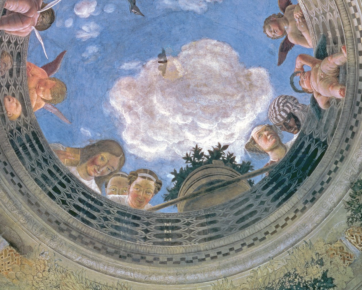 Trompe loeil oculus i midten af det hvælvede loft på Camera degli Sposi eller Camera Picta, 1465-74 freskodetalje af 72245 af Andrea Mantegna