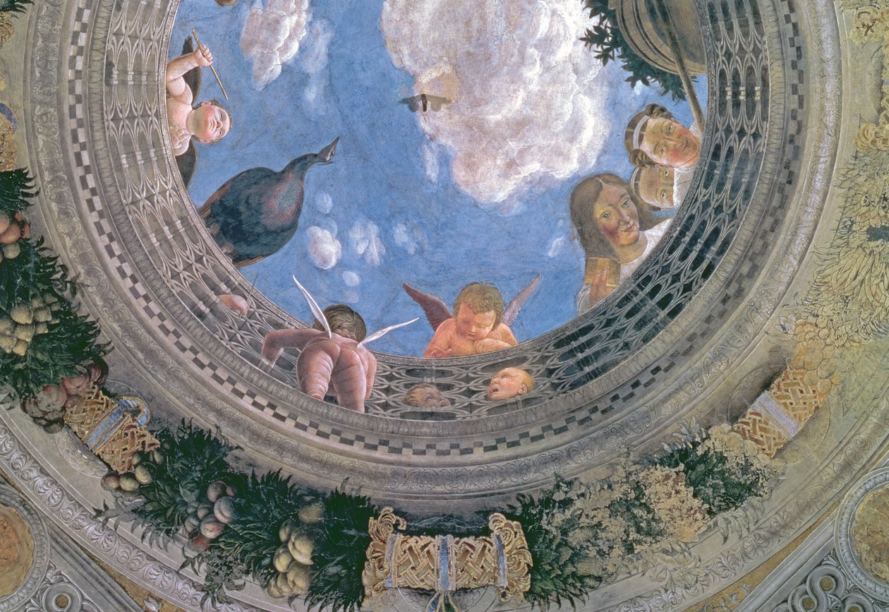 Trompe loeil oculus i midten af det hvælvede loft på Camera degli Sposi eller Camera Picta, 1465-74 freskodetalje af 72245 af Andrea Mantegna