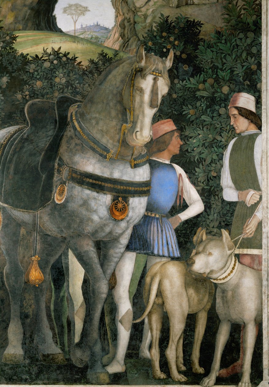 To hestepassere med Lodovico Gonzagas hest og hunde (freskomaleri) af Andrea Mantegna