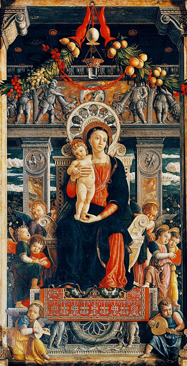 Jomfru troner, detalje fra den centrale del af San Zeno-altertavlen af Andrea Mantegna (1431-1506), træ, 220x115 cm, San Zeno-basilikaen, Verona af Andrea Mantegna