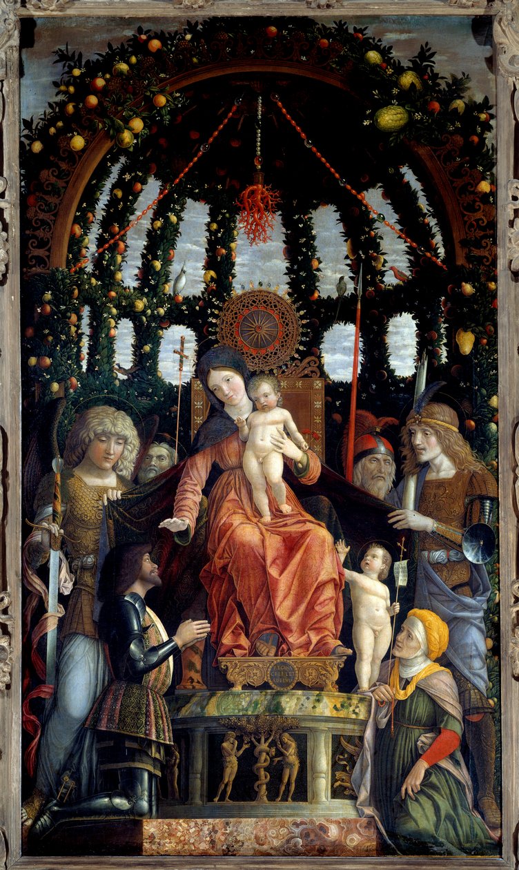 Virgin of Victory (Madonna of Victory). Jomfru Maria er repræsenteret: St. Michael, St. George, St. Longin og St. Andrew. Maleriets protektor, Markisen af ​​Mantua, Francois II de Gonzague (Francis II Gonzaga) af Andrea Mantegna