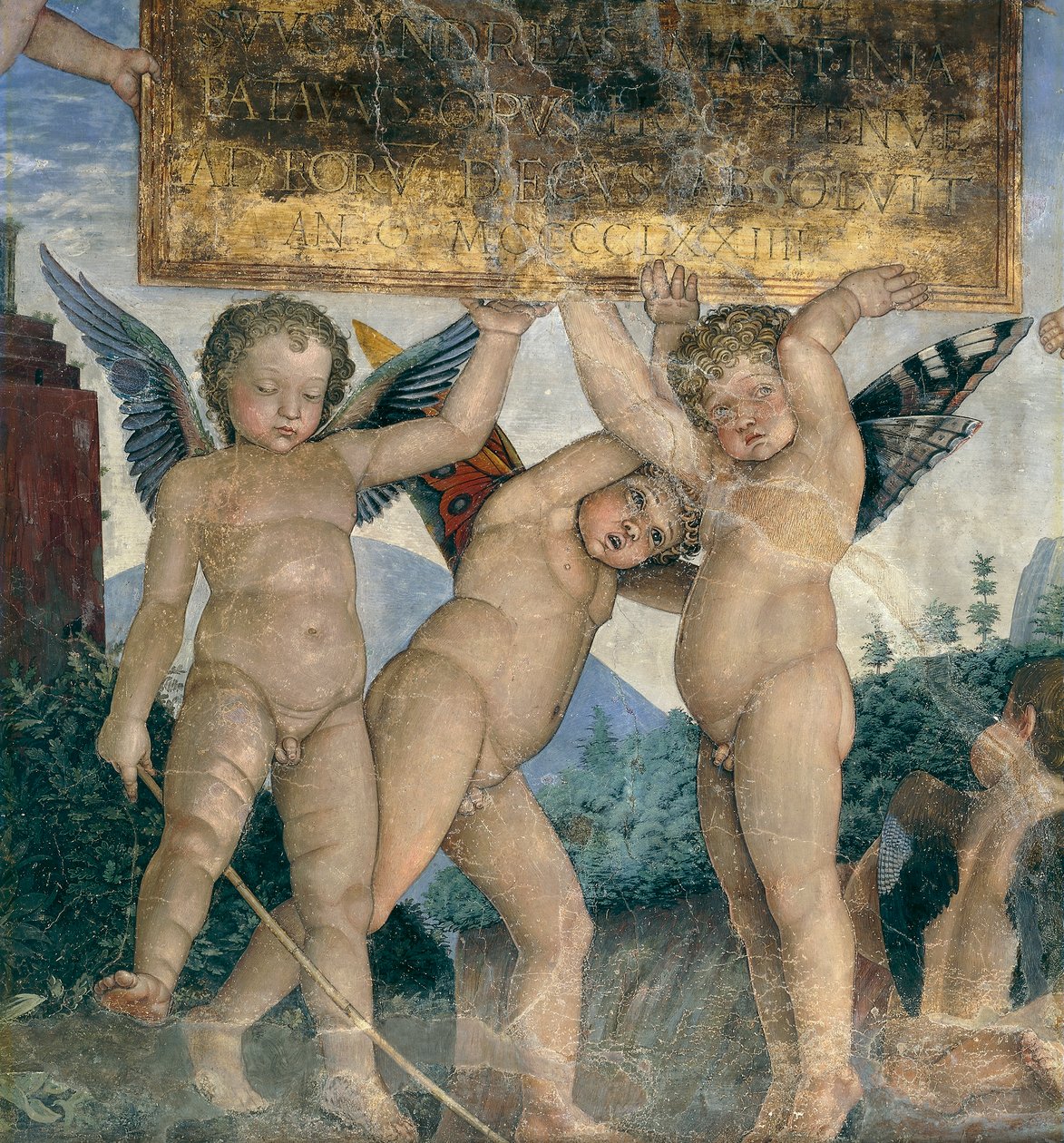 Bevingede keruber, der holder dedikationspladen, detalje fra mødemuren af Andrea Mantegna