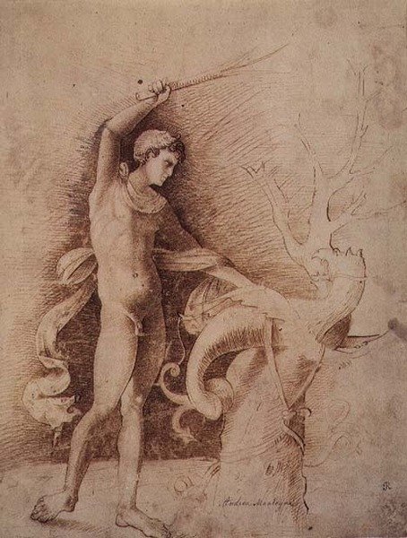 Ung mand kæmper mod en drage af Andrea Mantegna